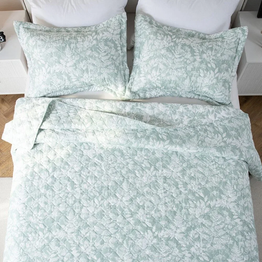 Queen Size Lightweight Botanical Green Floral Quilt Set - 2434-Q